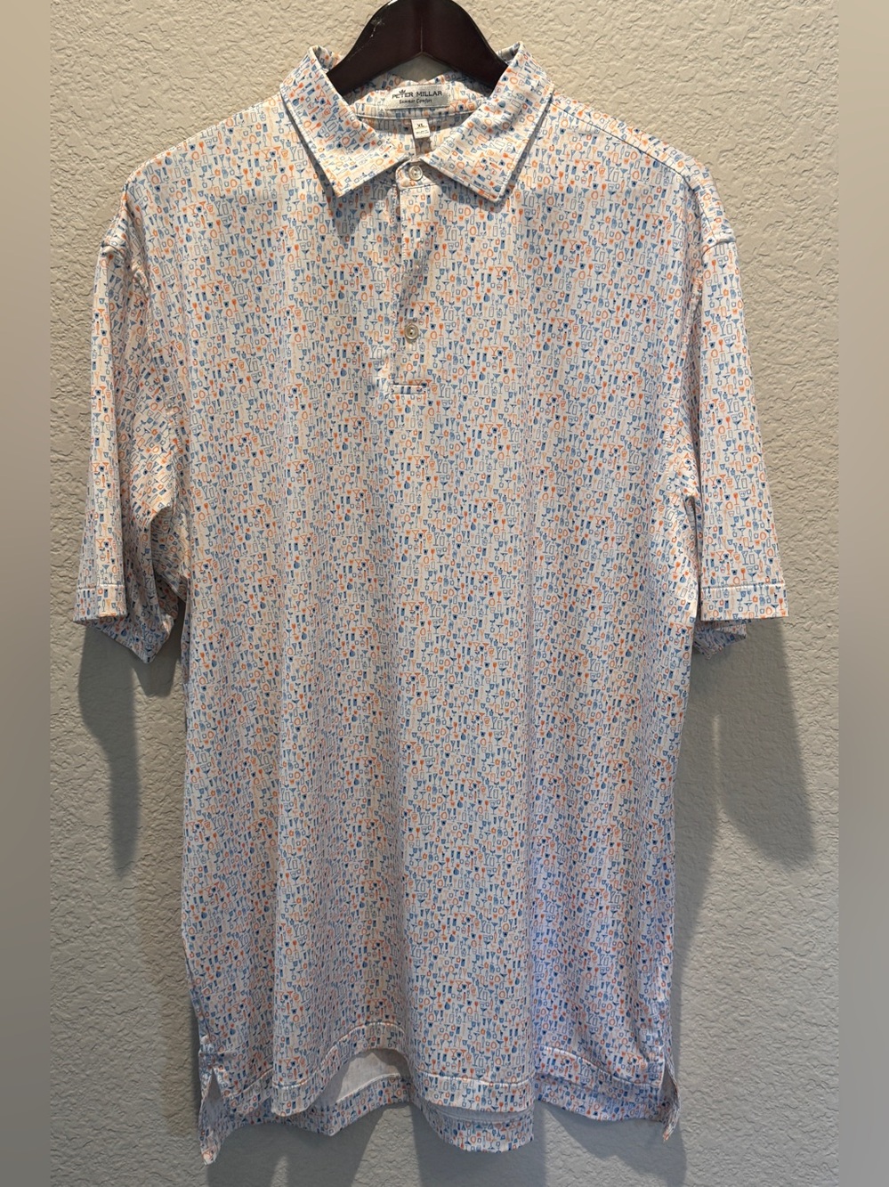 Peter Millar White Polo with Blue & Orange Microprint, Size XL